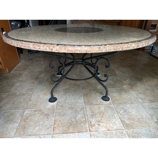 Arhaus Round Travertine Marble Mosaic Dining Room Table in Wrought Iron Chairish