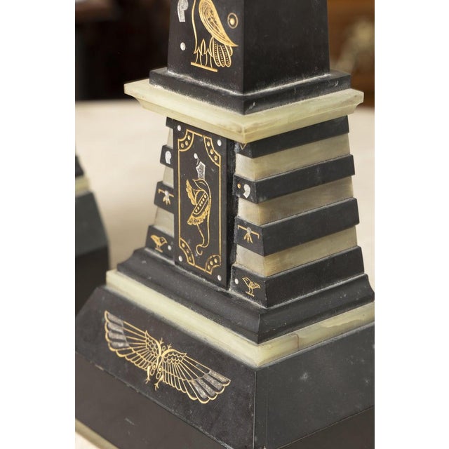 Black Late 19th Century Pair of Egyptian Revival Inlaid Obelisks For Sale - Image 8 of 8