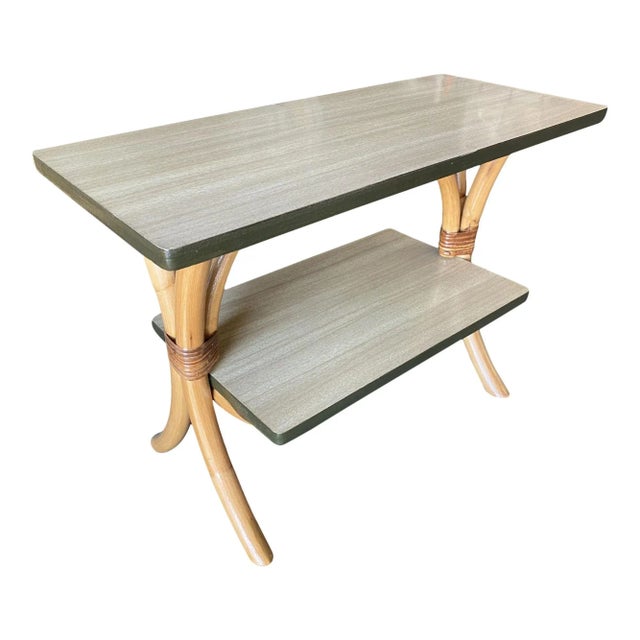 Restored "Hour Glass" Two-Tier Rattan Side Table For Sale - Image 9 of 9