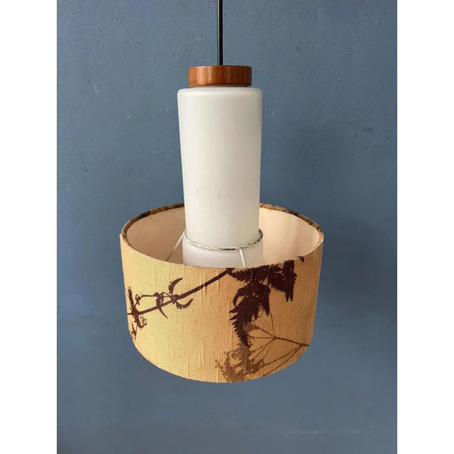 Mid-Century Opaline Glass Pendant Lamp with Beige Fabric Jungle Shade For Sale - Image 6 of 11