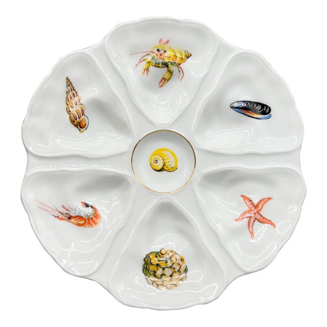 Vintage Limoges Jammet-Seignolles Oyster Plate With Seafood Motifs — French Coastal / Nautical / Traditional For Sale