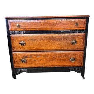 Vintage Black & Oak Carved Three-Drawer Chests For Sale