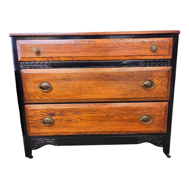 Vintage Black & Oak Carved Three-Drawer Chests For Sale