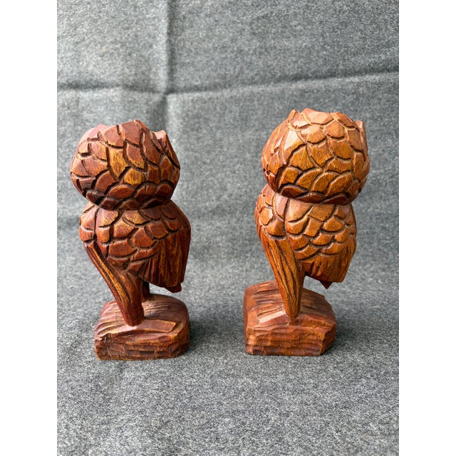 Mid 20th Century Vintage Carved MC Wooden Owls a Pair For Sale - Image 5 of 13