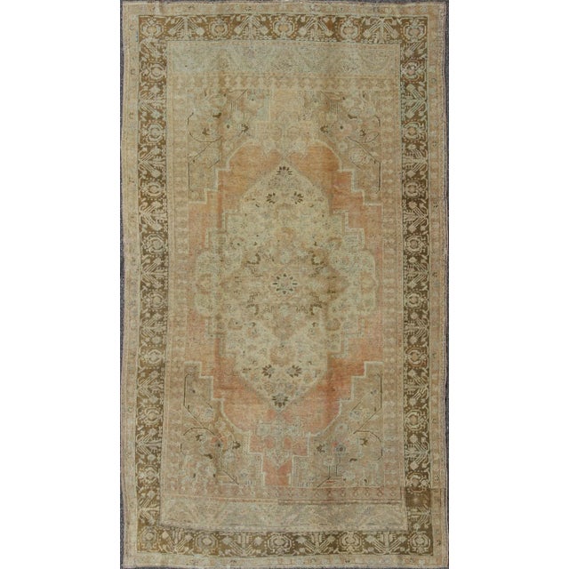 Textile Vintage Turkish Oushak Rug With Medallion and Cornices in Light Orange & Brown For Sale - Image 7 of 7
