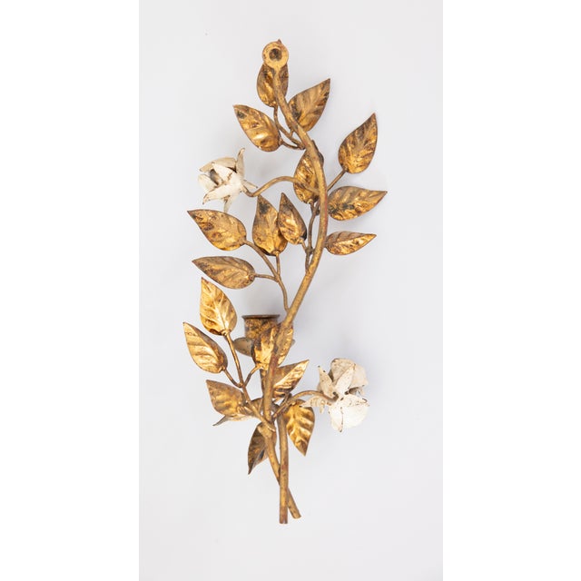 Metal Vintage Italian Gilt Tole & White Roses Candle Sconce For Sale - Image 7 of 8