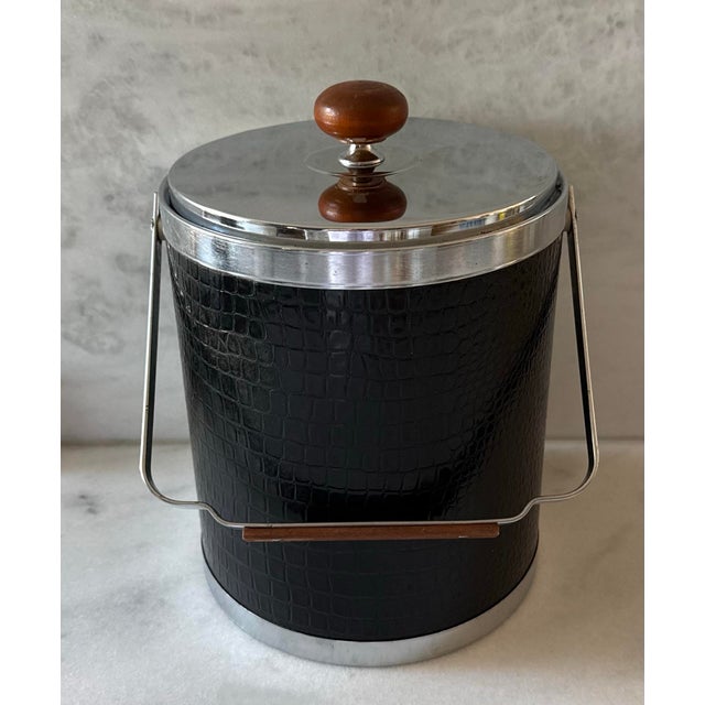 1960s Mid Century Modern Black Faux Alligator, Chrome and Wood Ice Bucket by Kromex For Sale - Image 4 of 11