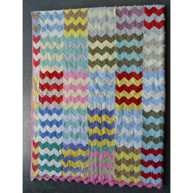 1950s Antique Hand-Stitched Chevron Patterned Quilt For Sale - Image 5 of 12