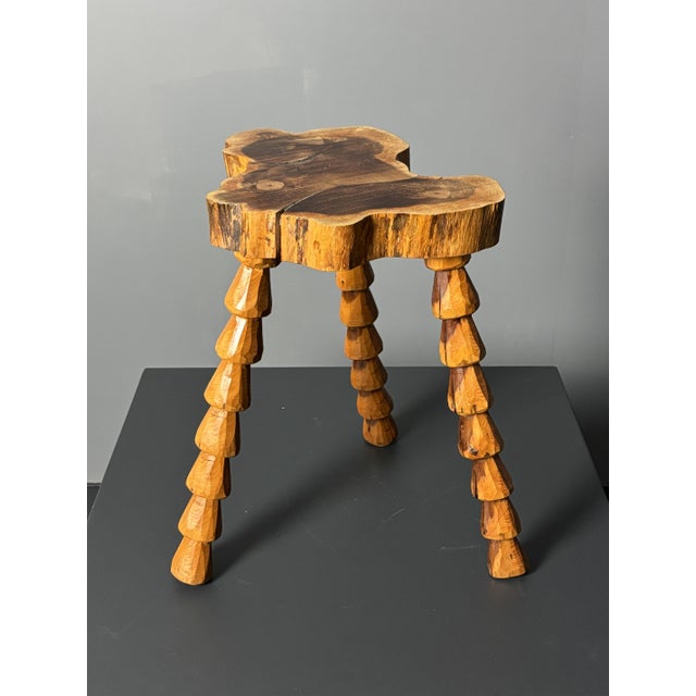 Mid-Century Brutalist French Artisanal Handmade Wood Turned Tripod Stool, 1960s For Sale - Image 11 of 17