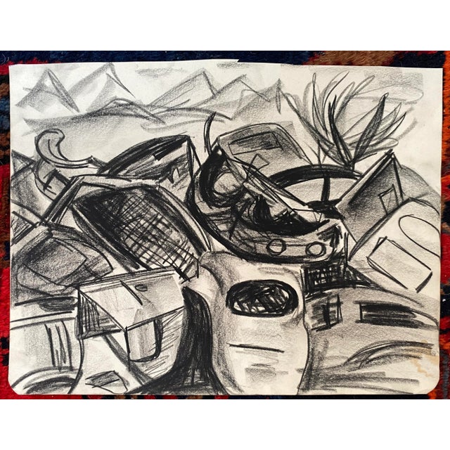 1950s drawing of an auto graveyard by Virginia L. Spencer. Unsigned, from a sketchbook by Spencer of San Francisco...