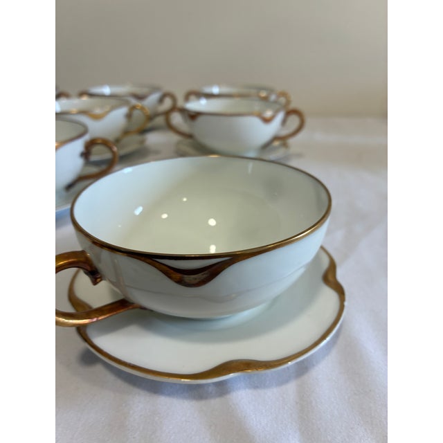 Ceramic Antique Haviland & Co. Limoges Gold Rim Bouillon Cups and Saucers, Set of 9 - 18 PCS For Sale - Image 7 of 13