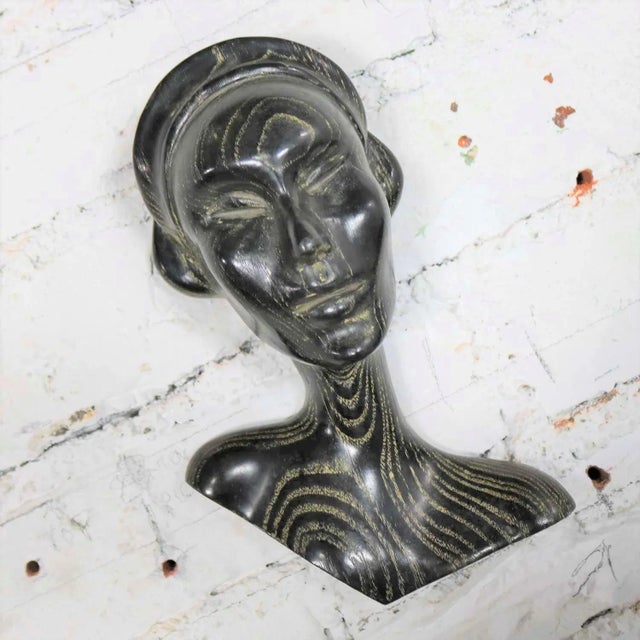 Black MCM to Art Deco Style Ebonized Oak Carved Female Bust Vintage Wall Sculptures, a Pair For Sale - Image 8 of 13