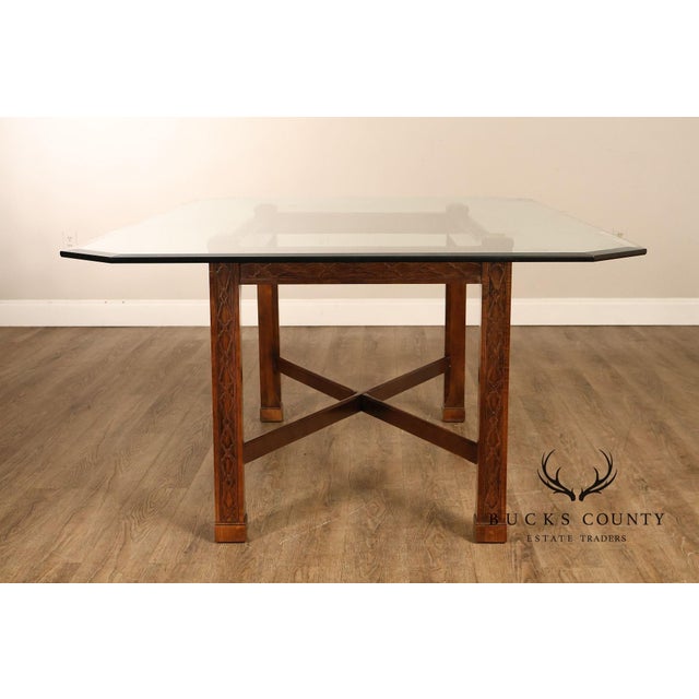 Chinese Chippendale Style Glass Top Mahogany Dining Table For Sale - Image 10 of 18