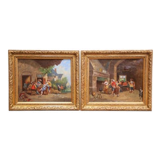 Pair of 19th Century French Tavern Genre Scene Oil Paintings Signed H. Jonas For Sale