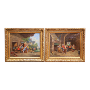 Pair of 19th Century French Tavern Genre Scene Oil Paintings Signed H. Jonas