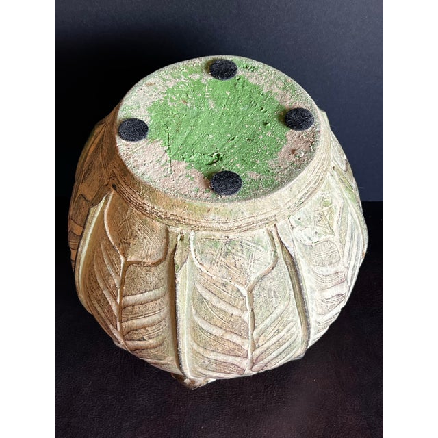 Vintage Pier 1 Weathered Green Earthenware Vase With Tropical Leaf Relief For Sale - Image 9 of 10