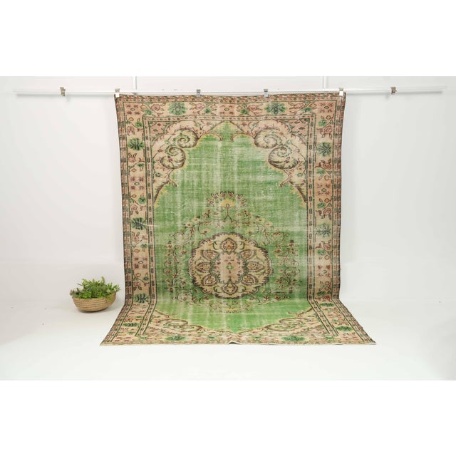 1970s Vintage Turkish Handmade Wool Cotton Green Area Rug For Sale - Image 12 of 14