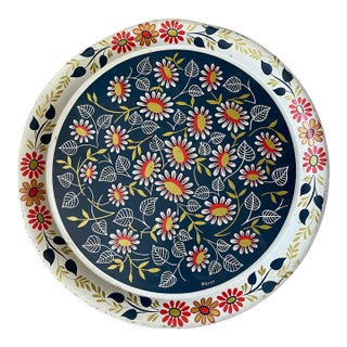 Maxey Floral Metal Serving Tray, 16-Inch Round, Folk Art Style Vintage MCM Boho For Sale