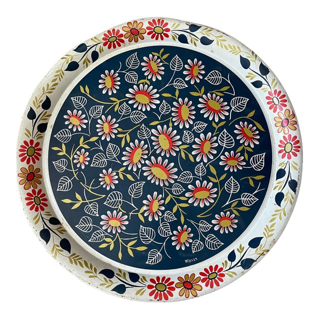 Maxey Floral Metal Serving Tray, 16-Inch Round, Folk Art Style Vintage MCM Boho For Sale