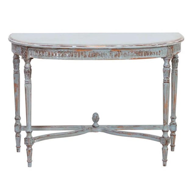 Wood Louis XV Carved Duck Egg Blue Demi Lune Console Made in Spain For Sale - Image 7 of 12