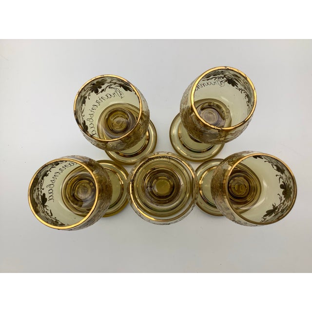 Antique Moser Bohemian Clear Gilded Blown Glass Wine Goblet, With Gold Floral Flowers and Leafs on Stem With Open End, Set of 5 For Sale - Image 10 of 12