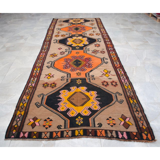 Vintage Turkish Kilim Rug Hand Woven Tribal Large Runner Rug - Neutral Earth Tone 4'4" X 12'10" For Sale - Image 17 of 18