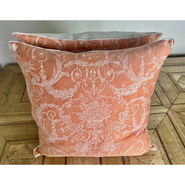 Pair of custom pillows made with vintage unused Venezianina patterned Fortuny printed fronts and crisp white linen backs...
