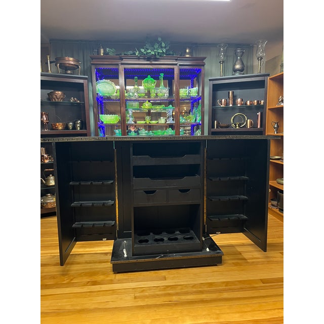 Vintage Chinese Export Black Lacquer Mother-of-Pearl Folding Bar Cabinet, C. 1950s For Sale - Image 9 of 12