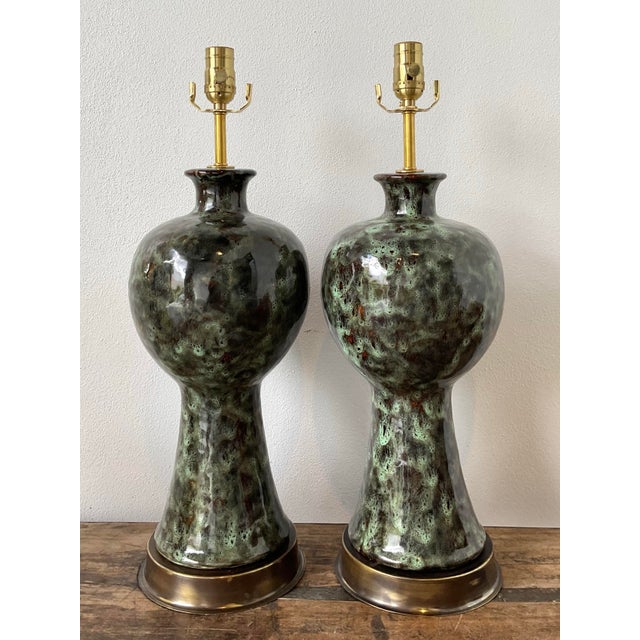 Vintage Glazed Ceramic Lamps - A Pair For Sale - Image 10 of 12