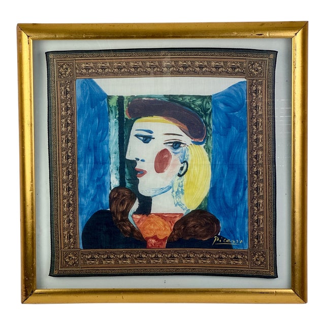 Vintage Framed Picasso Silk Scarf in Gilt Frame of Femme Au Beret, 20th Century For Sale