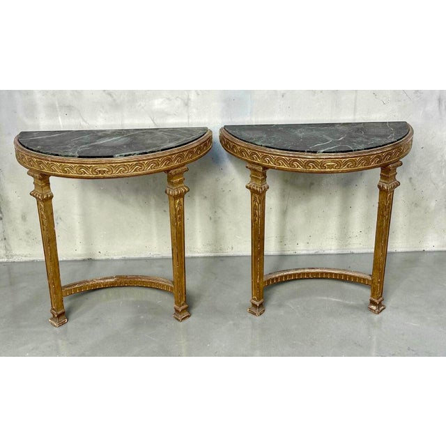 Wood Giltwood Demilune Marble Console Tables, Set of 2 For Sale - Image 7 of 7