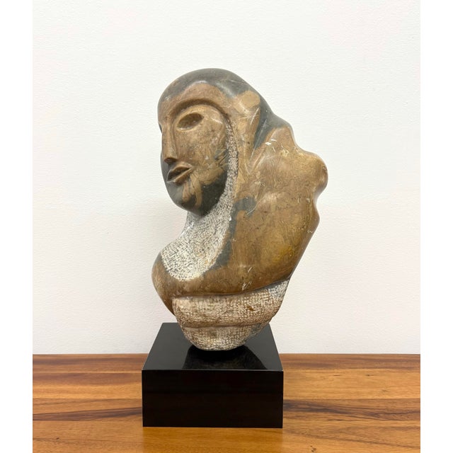Vintage Hand Carved Abstract Figurative Stone Bust on Black Plinth For Sale In West Palm - Image 6 of 7