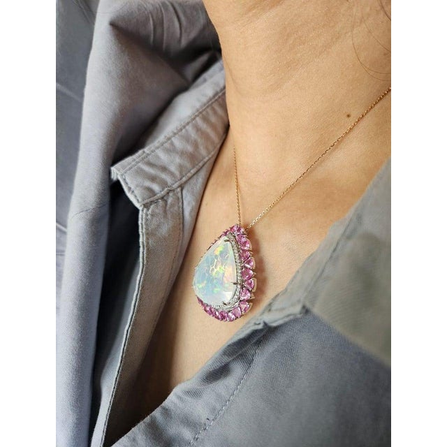 29.59 Carat Ethiopian Opal, Pink Sapphire & Diamond Cocktail Ring/ Pendant Necklace, Size 6 For Sale - Image 11 of 16