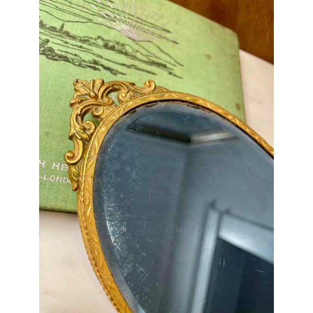 Rococo 19th-Century French Ormolu Bronze Vanity Hand Mirror With Blue Tint Glass For Sale - Image 3 of 9