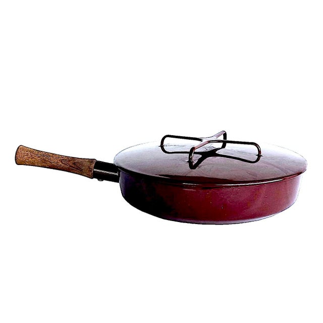 Wood Vintage Dansk Kobenstyle Brown Enamel Skillet Pan and Lid Designed by Jens Quistgaard, 2 Piece Set For Sale - Image 7 of 11