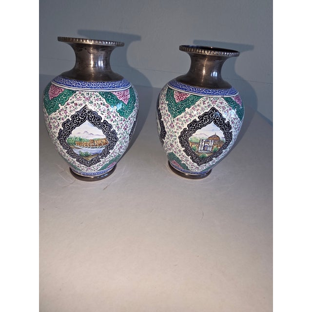 Pair of Persian SilvervAnd Enamel Vases For Sale - Image 4 of 10