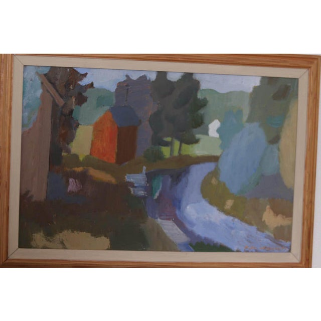 Mid-Century Modern Pelle Nilsson, House and Stream, 1954, Oil on Panel, Framed For Sale - Image 3 of 15