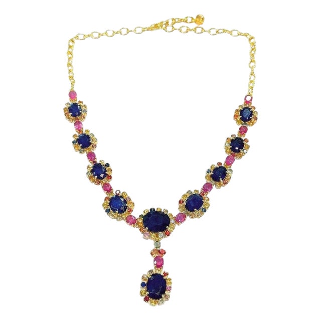 Bochic “Capri” Blue, Multi Sapphire & Ruby Necklace Set 18K Gold & Silver For Sale