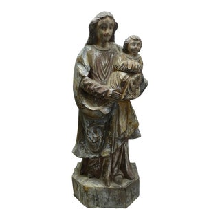 Antique Large Carved Madonna & Child Statue For Sale