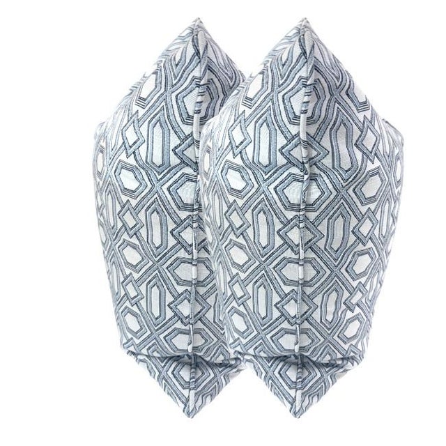 Contemporary Pair 24'' Blue&White Geometric Pillows For Sale - Image 3 of 5