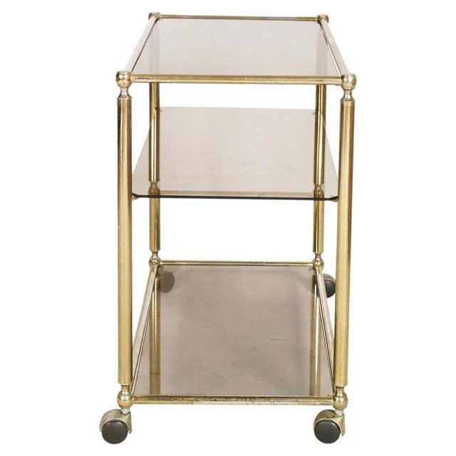 Romeo Rega Italian Brass and Smoked Glass 3-Tier Bar Cart, 1970s For Sale - Image 4 of 9