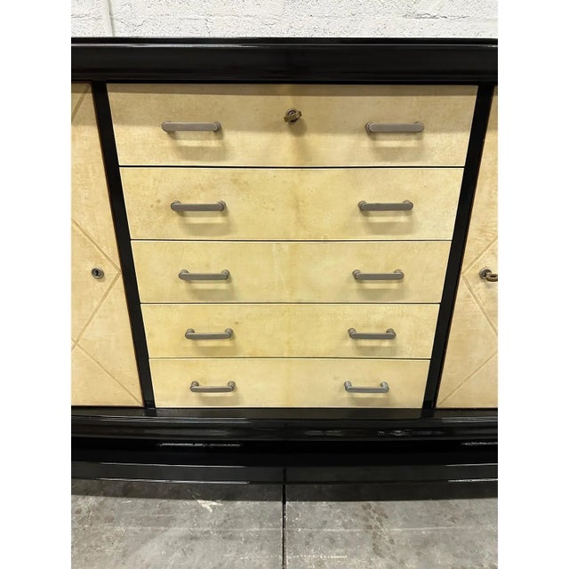 Masterpiece French art deco 2 Doors 5 drawers parchment sideboard 1935s, the sideboard is in perfect condition Black High...