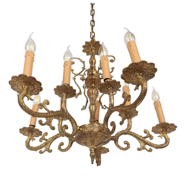 Antique Brass 10-Light Chandelier For Sale