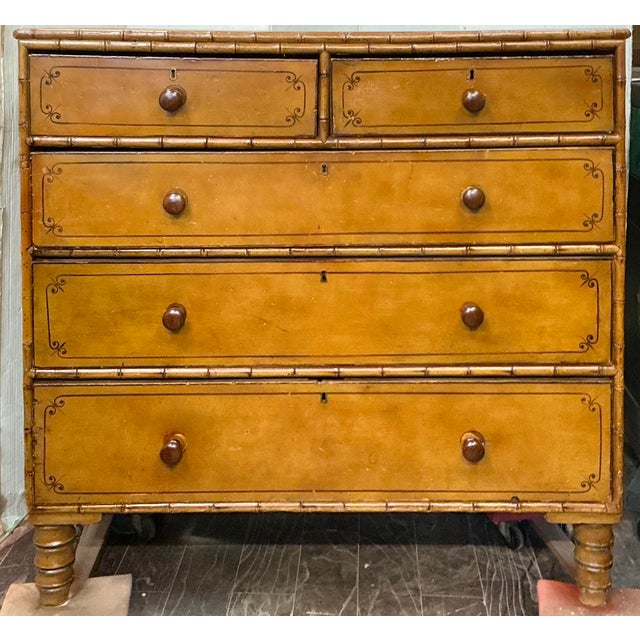 Wood 19th-C. English Carved & Painted Pine Faux Bamboo Tall Chest of Drawers For Sale - Image 7 of 9