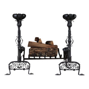 Antique Gothic Style Wrought Iron Andirons—A Pair