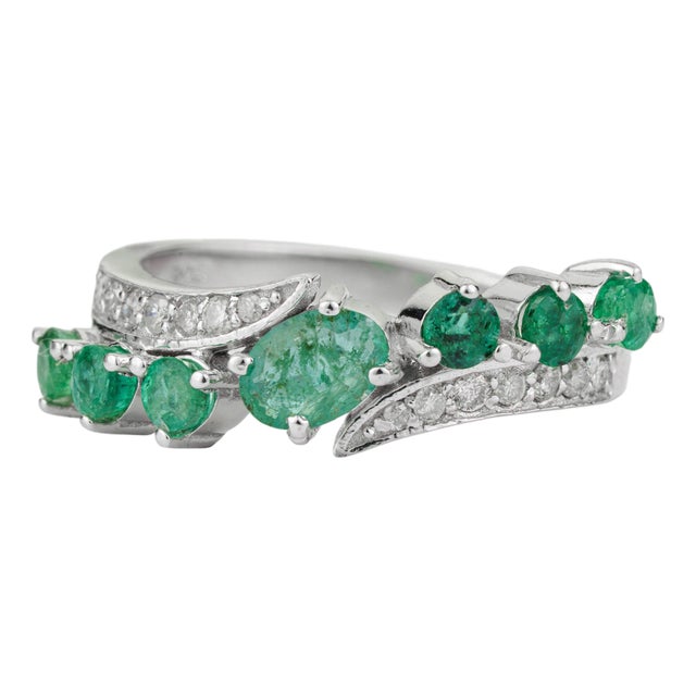 Hallmarked 925 Silver Natural 1.26 Ct Emerald & Diamond Wave Ring Size 7 For Sale