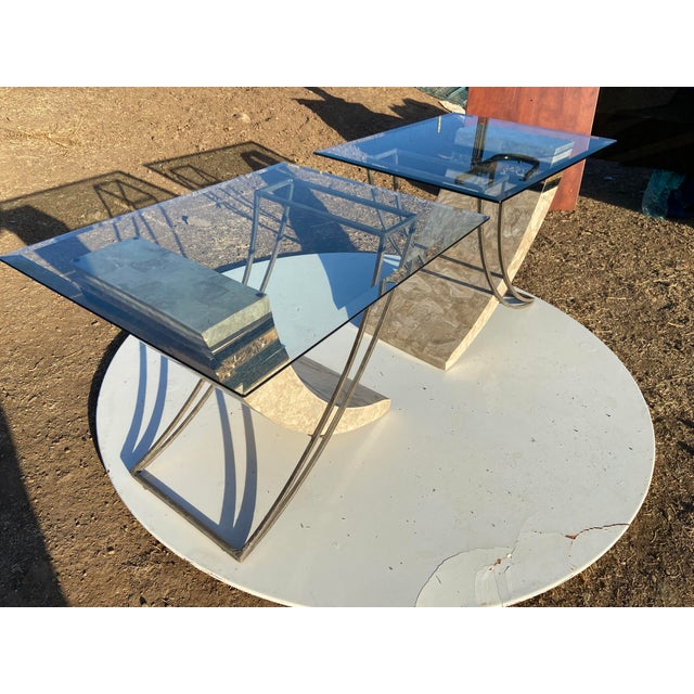 1980s Vintage Postmodern Tessellated Stone & Glass Sculptural End Side Tables À Pair For Sale - Image 5 of 18