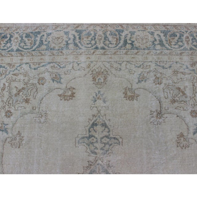Medallion Distressed Oushak Turkey in Cream, Blue Tones, Brown and Teal Blue For Sale In Atlanta - Image 6 of 15
