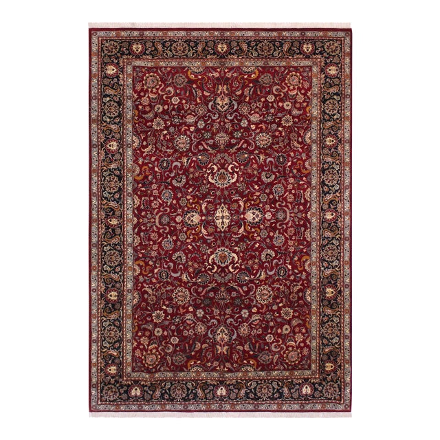 Shabby Chic Floral 1990's Pak-Persian Red/Black Wool Rug - 6'2'' X 9'0'' For Sale