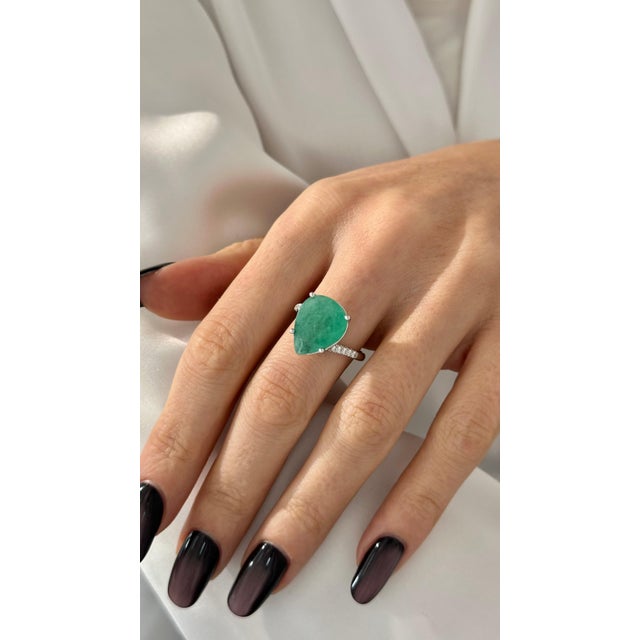 Natural Emerald Diamond Ring Size 7 14k White Gold 7.17 TCW Certified For Sale - Image 9 of 18